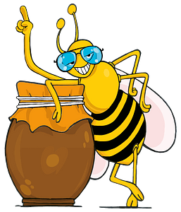 Клипарт Honey bee wearing sunglasses leaning on a honey jar