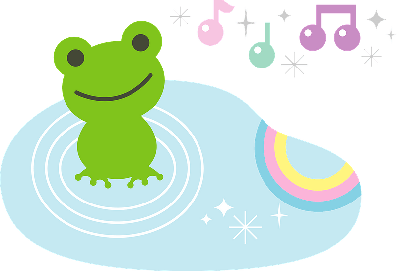 Frog, music notes, and rainbow reflected in the puddle clipart. Free download transparent .PNG