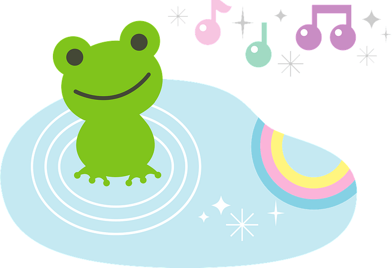 Frog, music notes, and rainbow reflected in the puddle immagine clipart