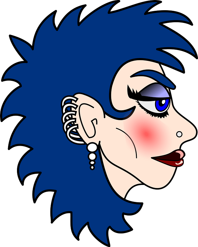 Metal Girl Blue Hair, Blue Makeup, Piercings, Light Skin Tone clipart