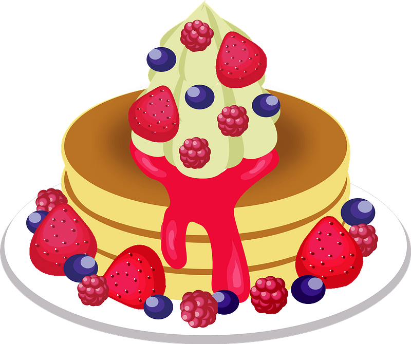 Pancakes on a plate with syrup, berries, and cream clipart. Free download transparent .PNG