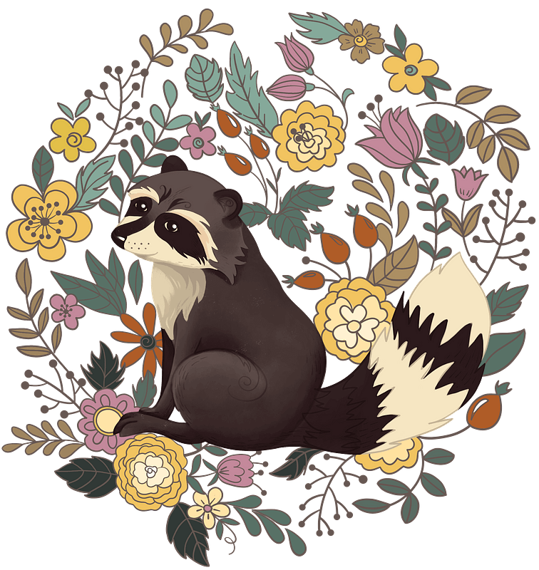 Raccoon in flowers clipart